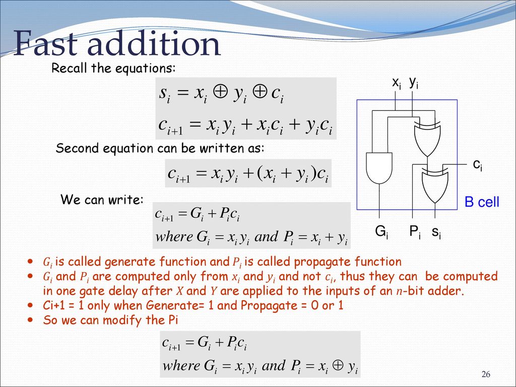 Fast addition xi yi ci si Pi Gi B cell Recall the equations:
