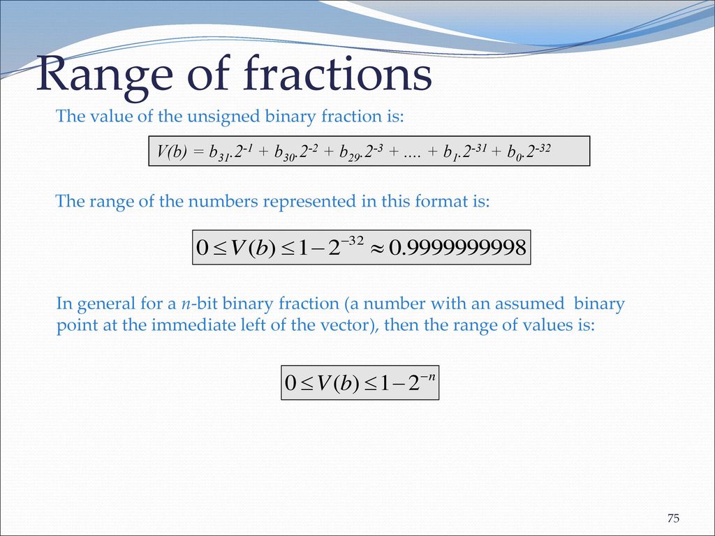 Range of fractions The value of the unsigned binary fraction is: