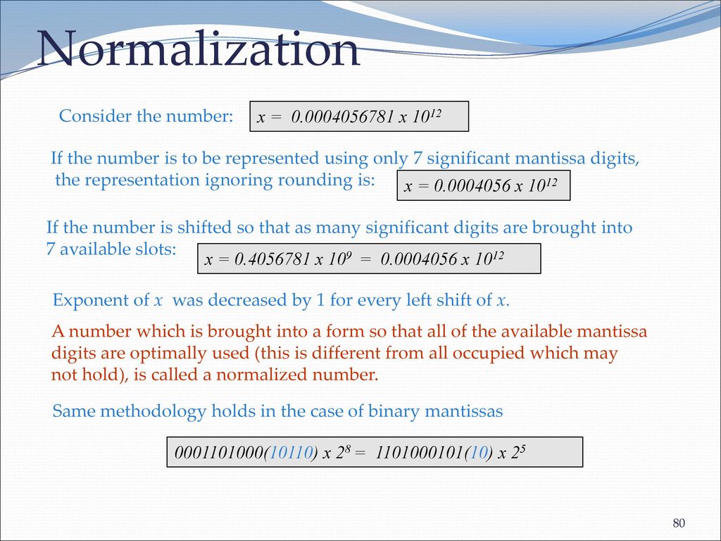 Normalization Consider the number: x = x 1012