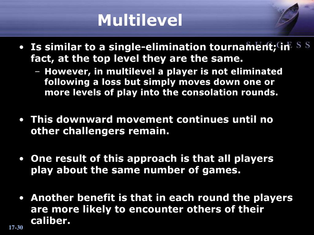 Multilevel Is similar to a single-elimination tournament; in fact, at the top level they are the same.