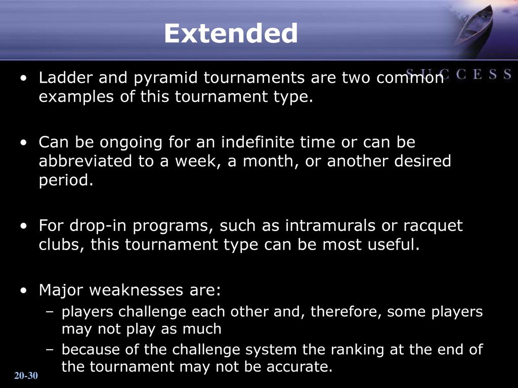 Extended Ladder and pyramid tournaments are two common examples of this tournament type.