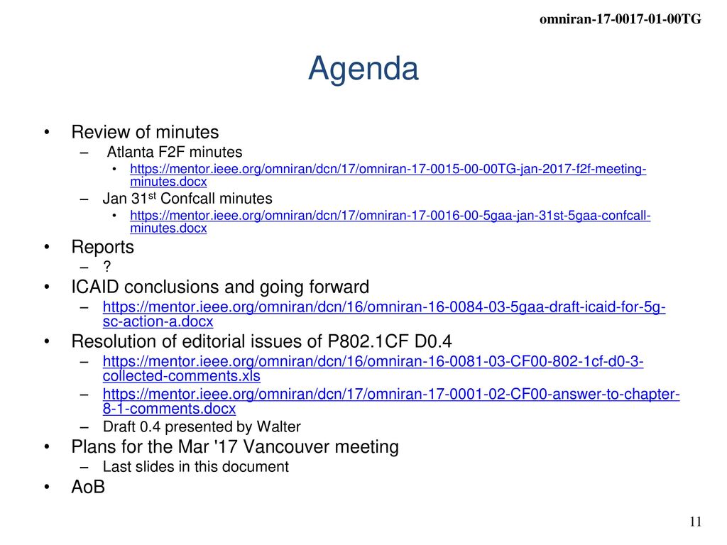 Agenda Review of minutes Reports ICAID conclusions and going forward