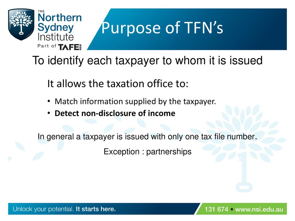Purpose of TFN’s To identify each taxpayer to whom it is issued