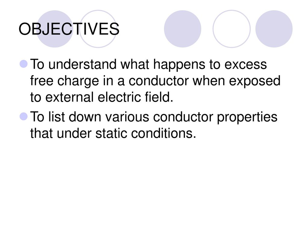 OBJECTIVES To understand what happens to excess free charge in a conductor when exposed to external electric field.
