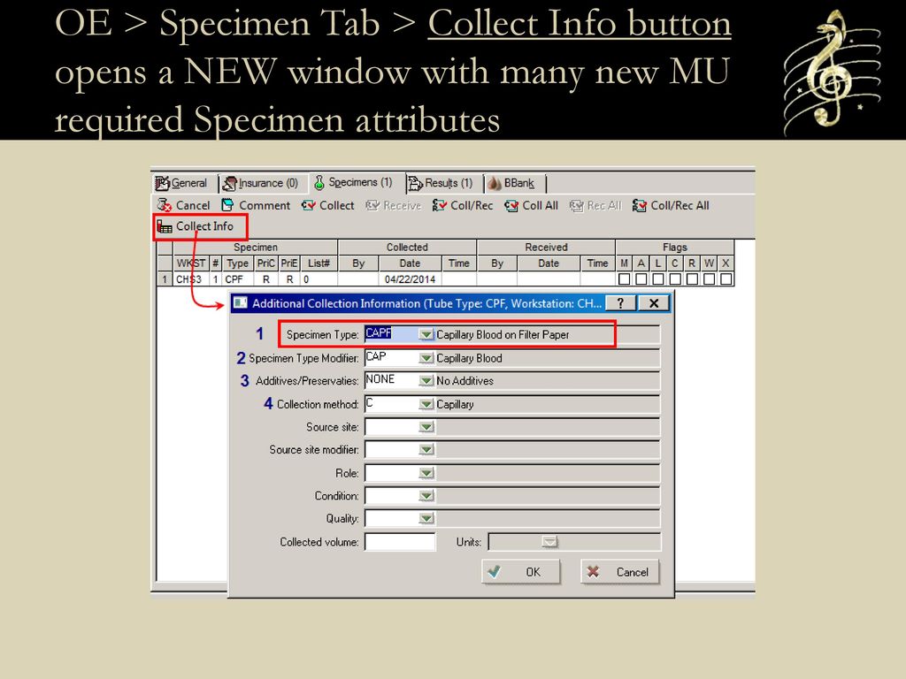 OE > Specimen Tab > Collect Info button opens a NEW window with many new MU required Specimen attributes