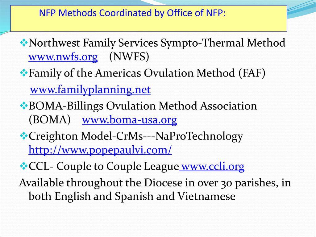 NFP Methods Coordinated by Office of NFP:
