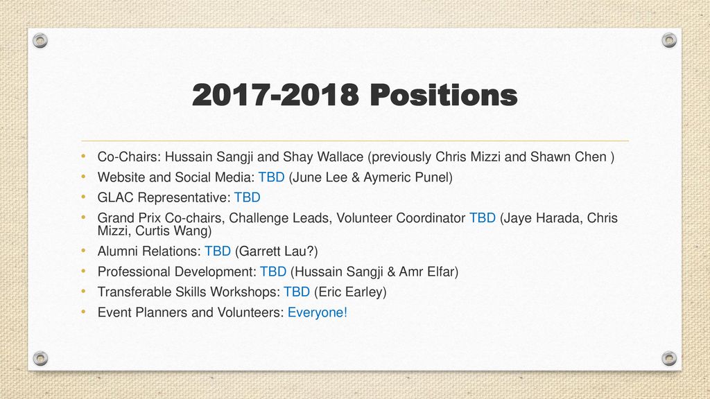 Positions Co-Chairs: Hussain Sangji and Shay Wallace (previously Chris Mizzi and Shawn Chen )
