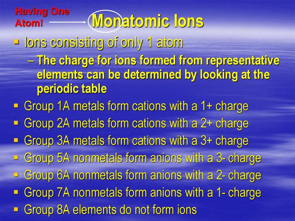 Monatomic Ions Ions consisting of only 1 atom