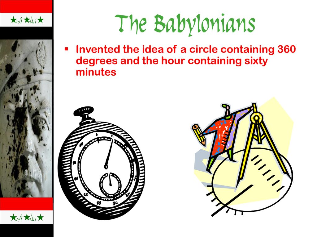 The Babylonians Invented the idea of a circle containing 360 degrees and the hour containing sixty minutes.