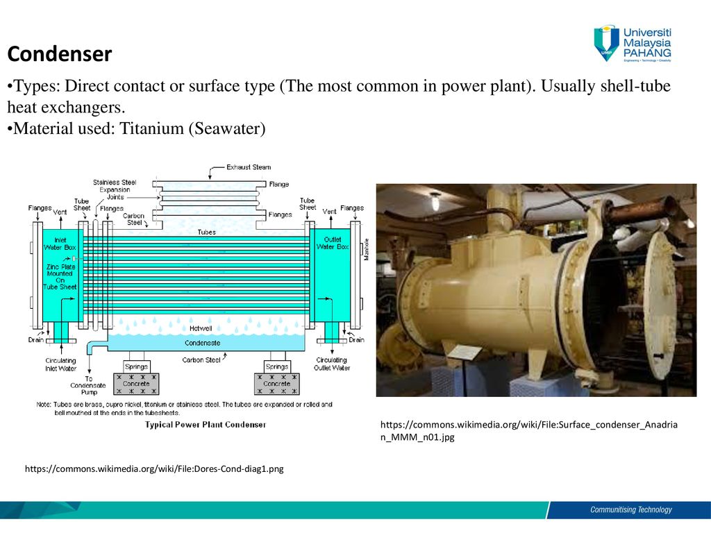 Condenser Types: Direct contact or surface type (The most common in power plant). Usually shell-tube heat exchangers.