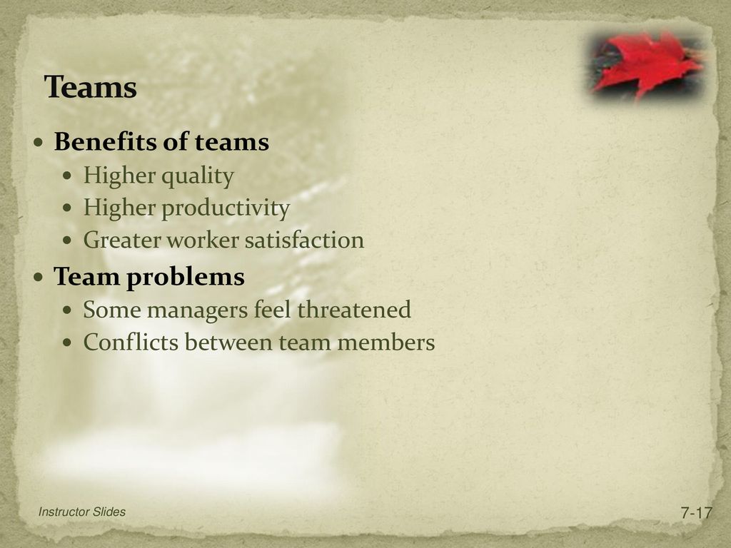 Teams Benefits of teams Team problems Higher quality