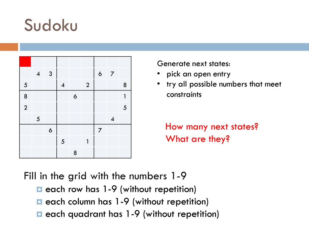 Sudoku Fill in the grid with the numbers 1-9 How many next states