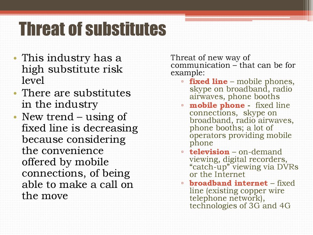 Threat of substitutes This industry has a high substitute risk level