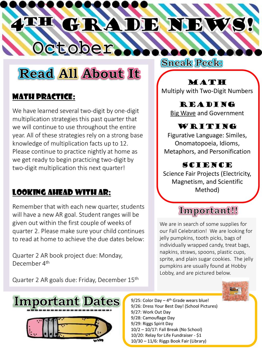 October 4th grade news read all about it important dates sneak peek