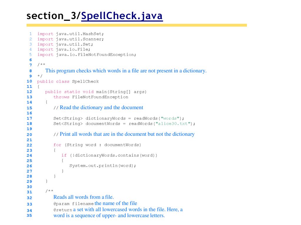 section_3/SpellCheck.java import java.util.HashSet; import java.util.Scanner; import java.util.Set;