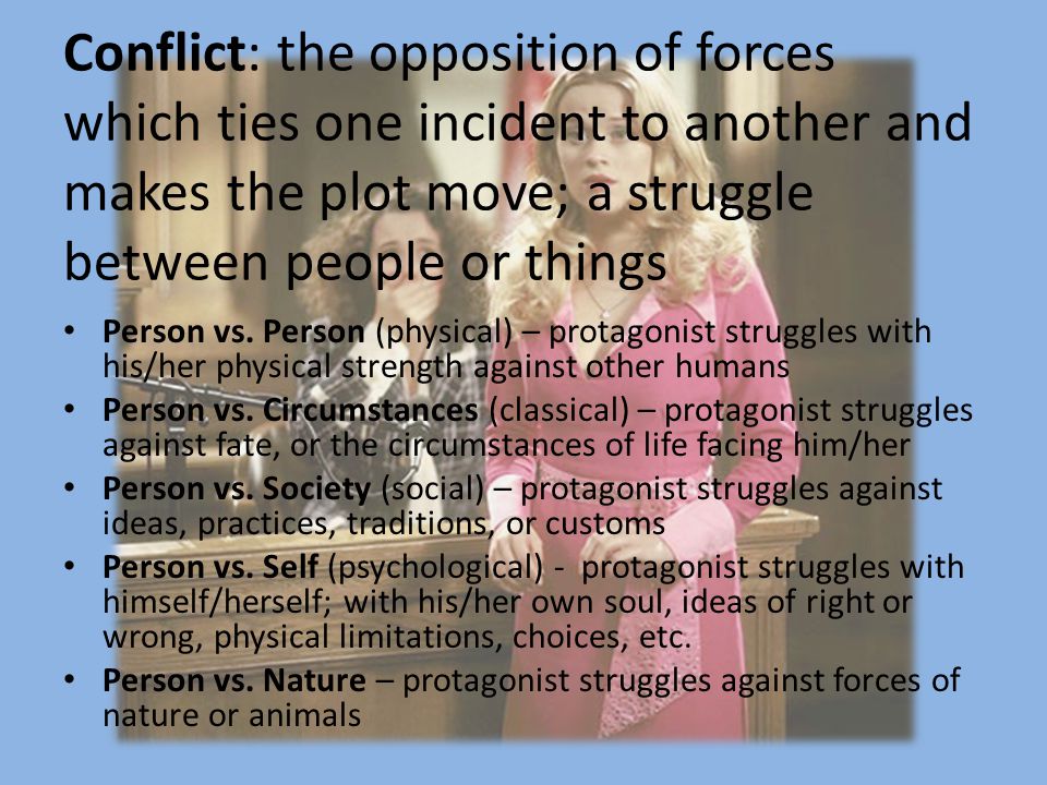 Conflict: the opposition of forces which ties one incident to another and makes the plot move; a struggle between people or things