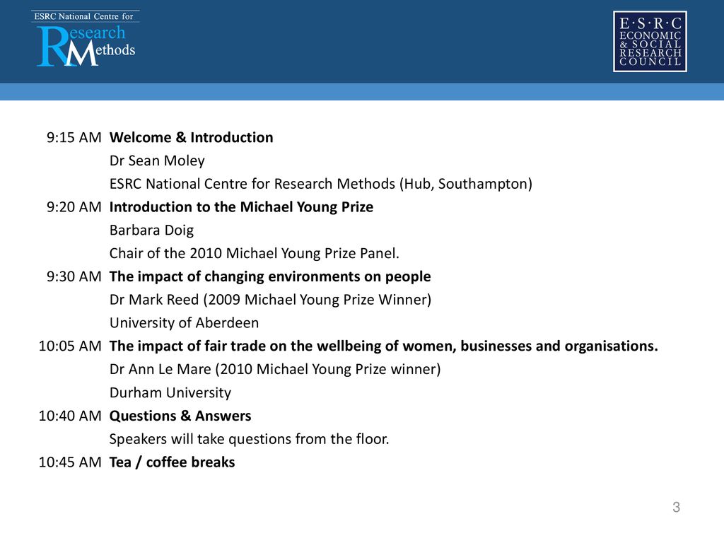 9:15 AM Welcome & Introduction. Dr Sean Moley. ESRC National Centre for Research Methods (Hub, Southampton)