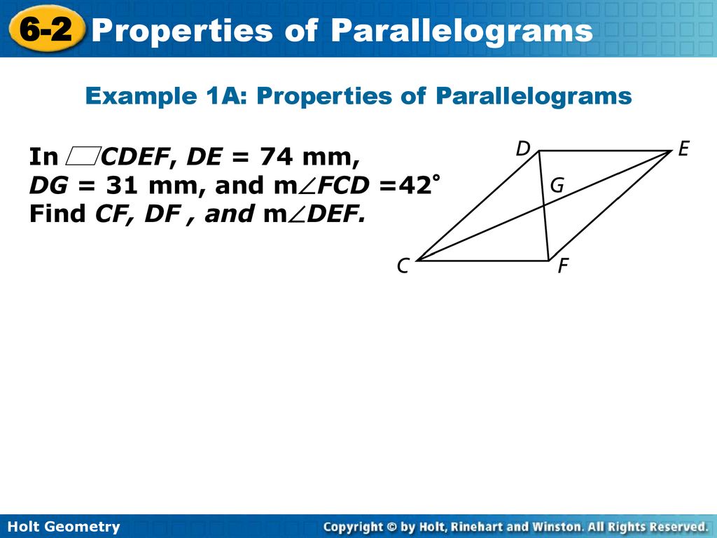 Example 1A: Properties of Parallelograms