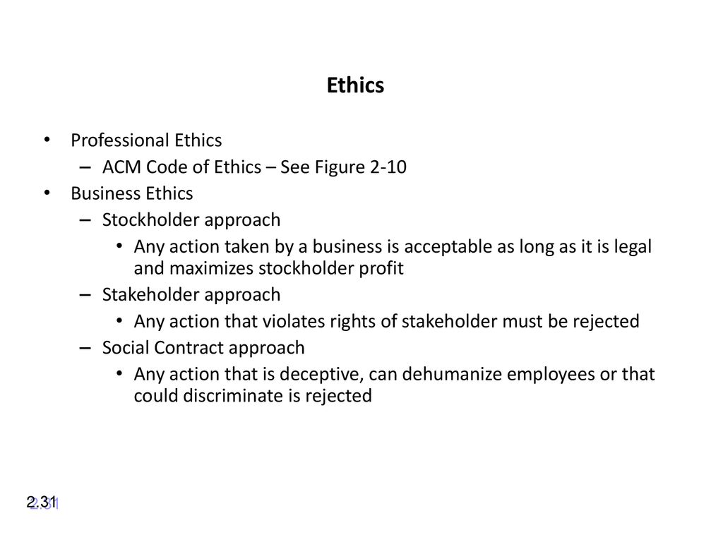 Ethics Professional Ethics ACM Code of Ethics – See Figure 2-10