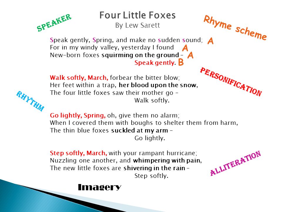 Four Little Foxes Rhyme scheme A A A B Imagery Speaker Personification