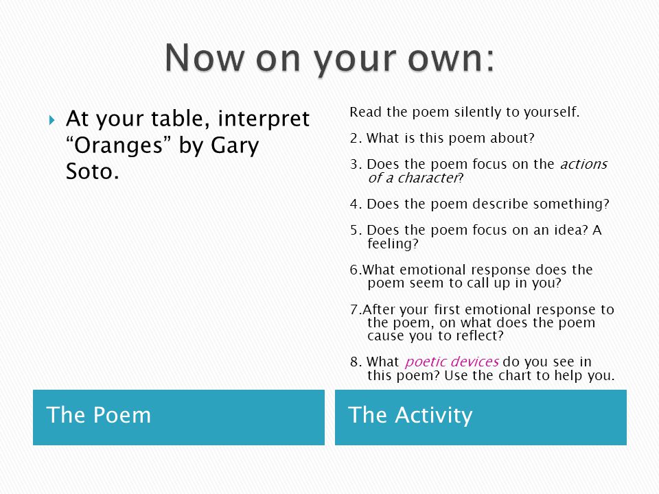 Now on your own: At your table, interpret Oranges by Gary Soto.