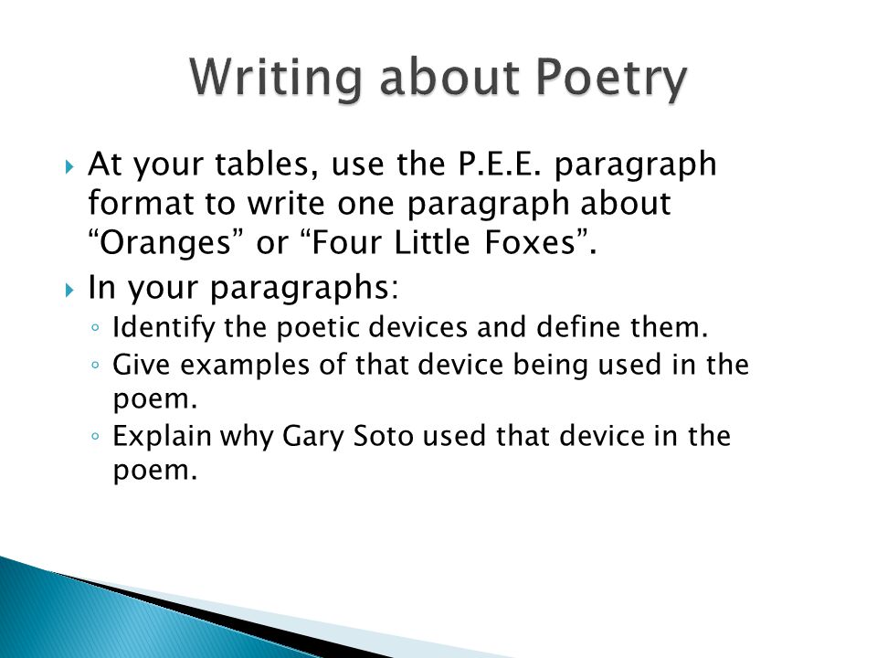 Writing about Poetry At your tables, use the P.E.E. paragraph format to write one paragraph about Oranges or Four Little Foxes .
