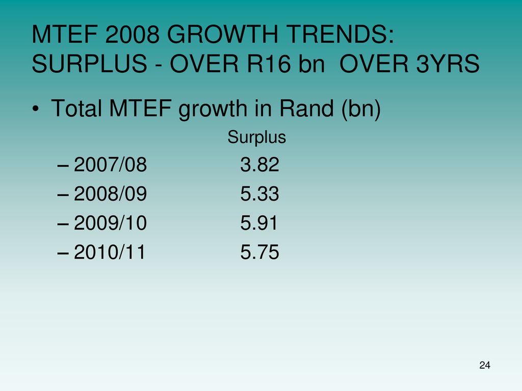 MTEF 2008 GROWTH TRENDS: SURPLUS - OVER R16 bn OVER 3YRS