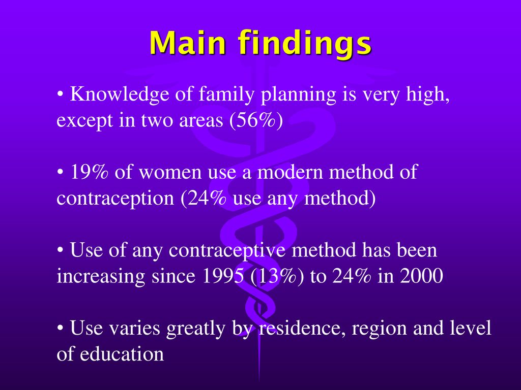 Main findings Knowledge of family planning is very high, except in two areas (56%)