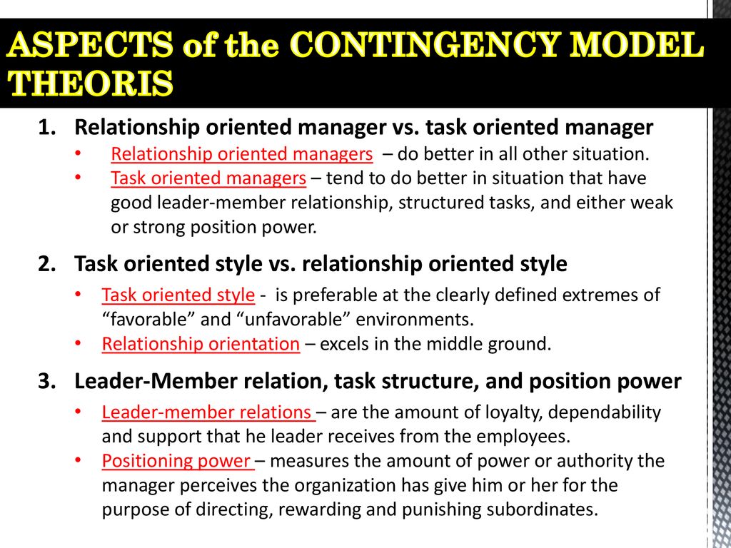 ASPECTS of the CONTINGENCY MODEL THEORIS