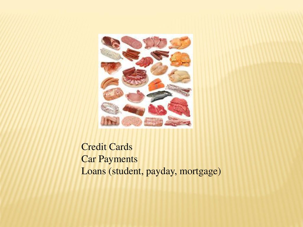 Credit Cards Car Payments Loans (student, payday, mortgage)