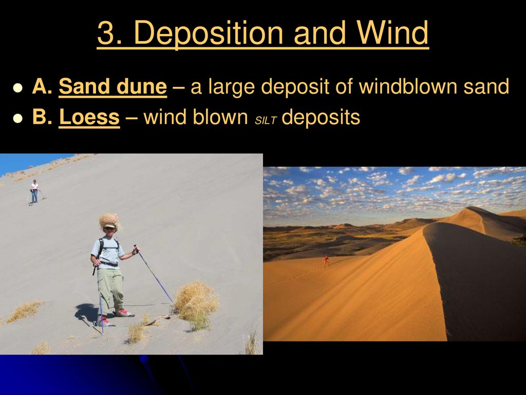 3. Deposition and Wind A. Sand dune – a large deposit of windblown sand.