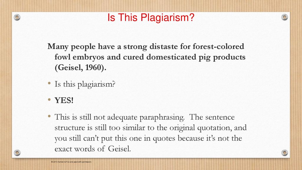 Is This Plagiarism Many people have a strong distaste for forest-colored fowl embryos and cured domesticated pig products (Geisel, 1960).