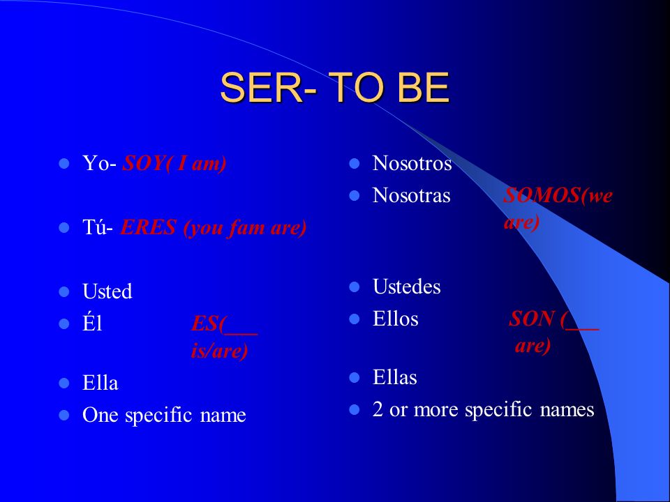 SER- TO BE Yo- SOY( I am) Tú- ERES (you fam are) Usted