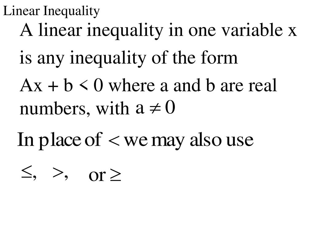 A linear inequality in one variable x is any inequality of the form