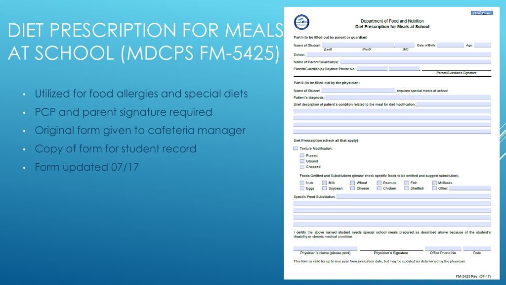 Diet prescription for meals at school (MDCPS FM-5425)