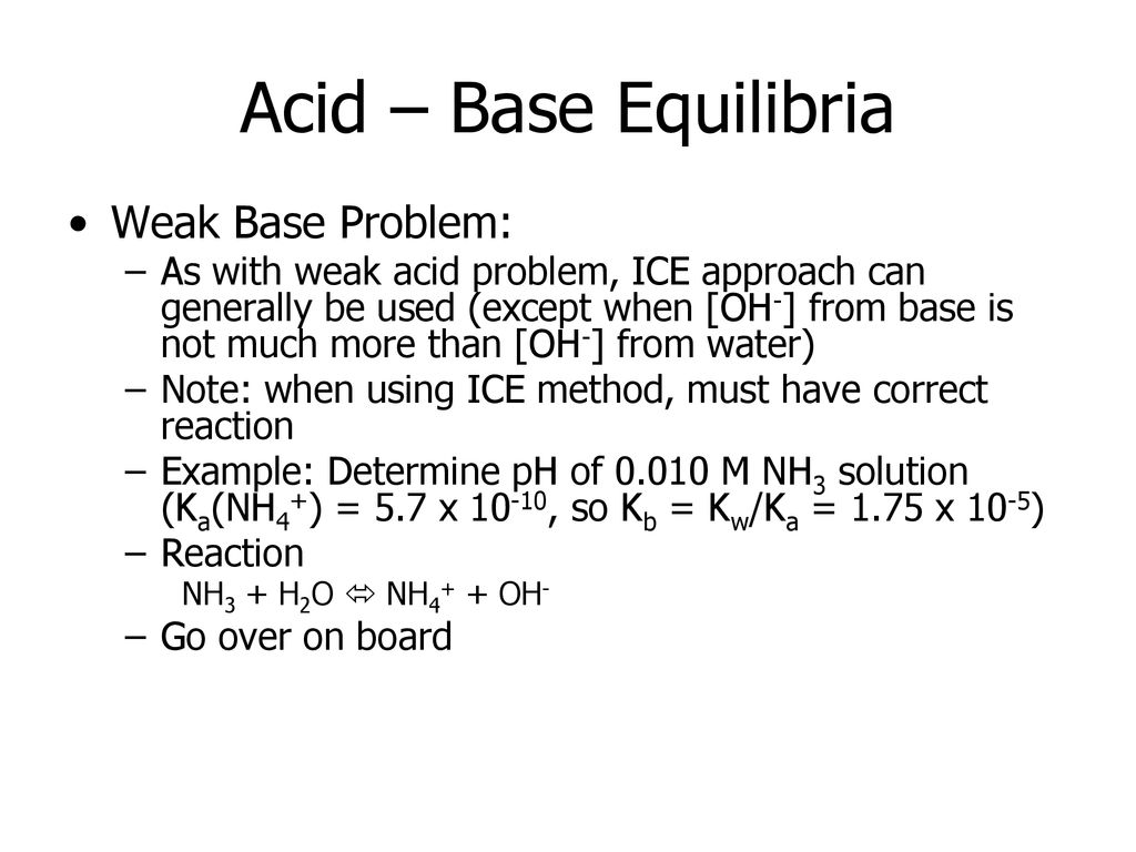 Acid – Base Equilibria Weak Base Problem: