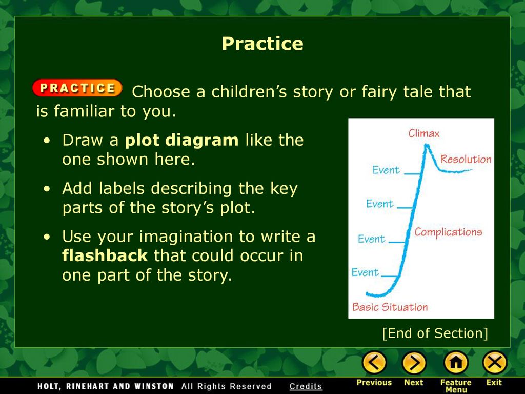 Practice Choose a children’s story or fairy tale that is familiar to you. Draw a plot diagram like the one shown here.