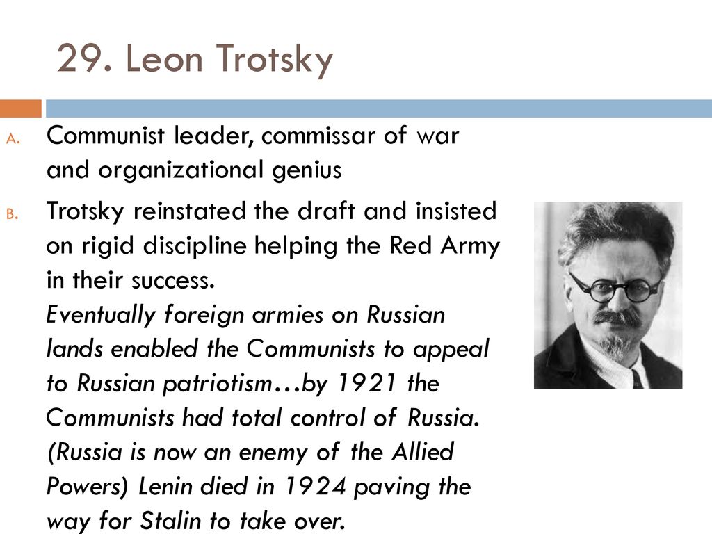 29. Leon Trotsky Communist leader, commissar of war and organizational genius.
