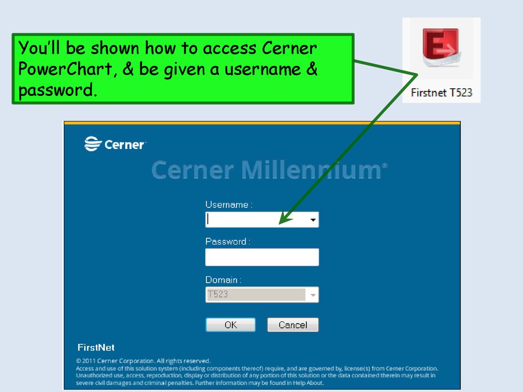 You’ll be shown how to access Cerner PowerChart, & be given a username & password.