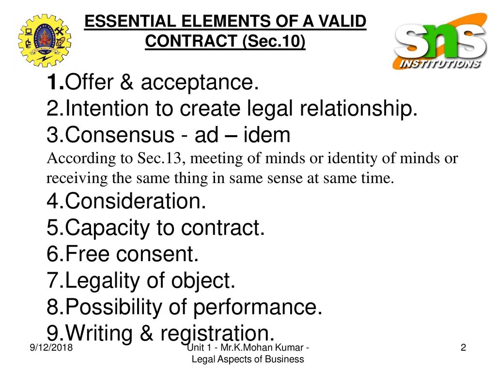 Valid elements. Elements of Contract. 4 Elements of a valid Contract. 4 Elements of Contract.