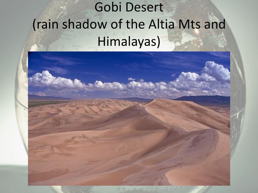 Gobi Desert (rain shadow of the Altia Mts and Himalayas)