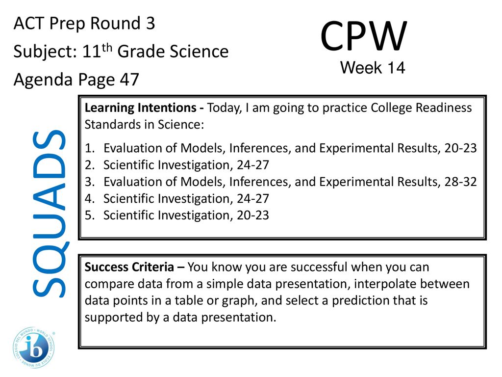 SQUADS CPW ACT Prep Round 3 Subject: 11th Grade Science Agenda Page 47