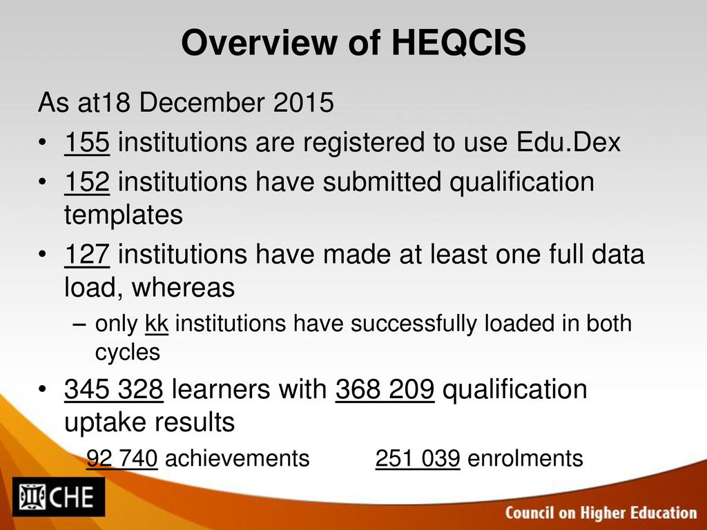Overview of HEQCIS As at18 December 2015