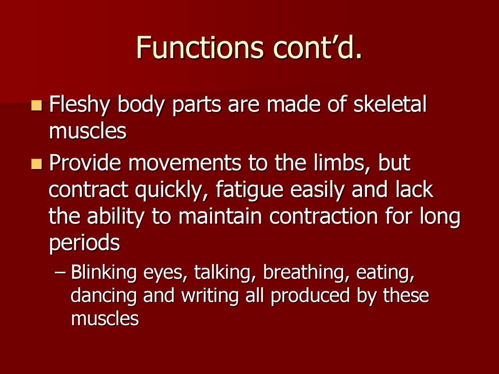 Functions cont’d. Fleshy body parts are made of skeletal muscles