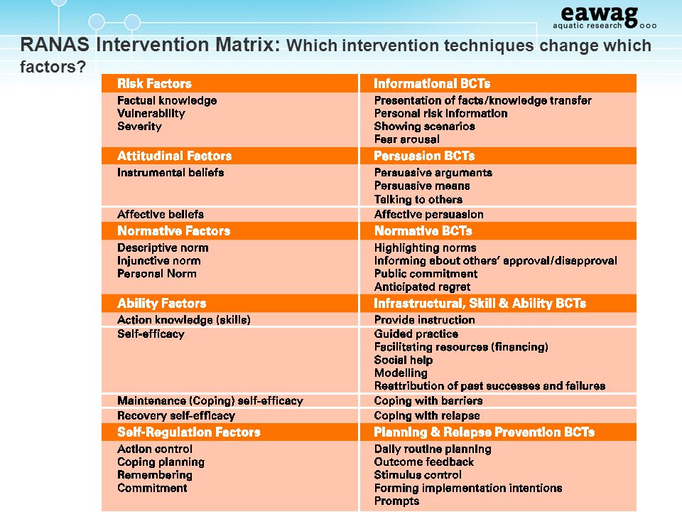 RANAS Intervention Matrix: Which intervention techniques change which factors