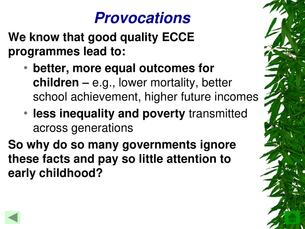 Provocations We know that good quality ECCE programmes lead to: