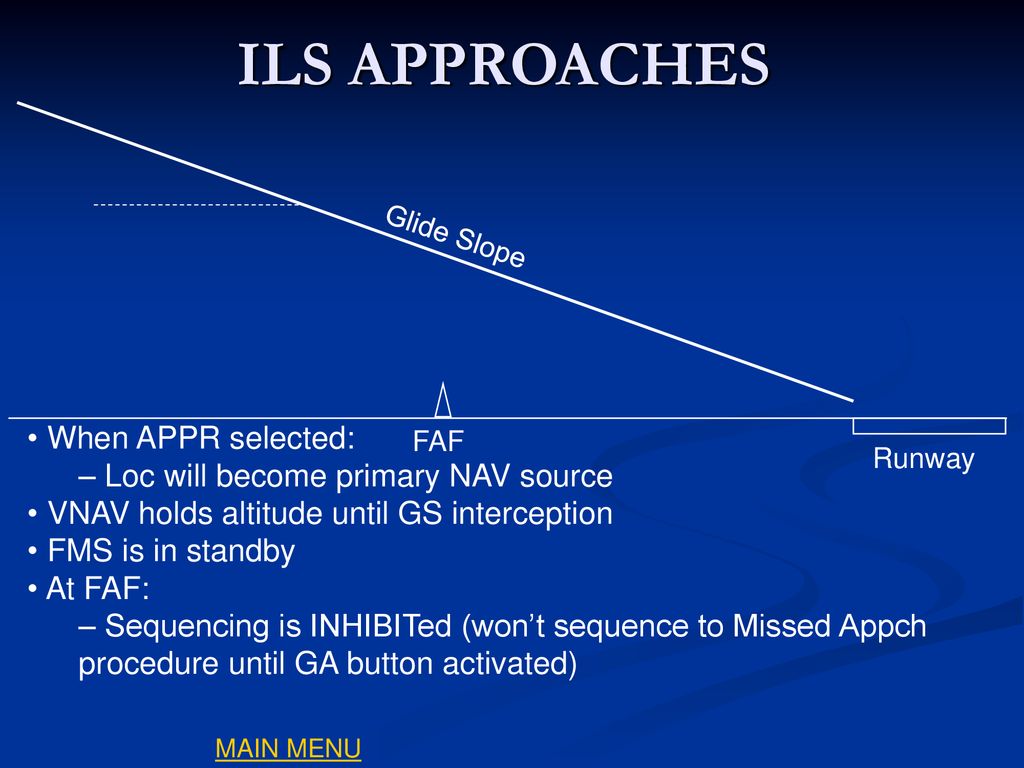 ILS APPROACHES When APPR selected: Loc will become primary NAV source