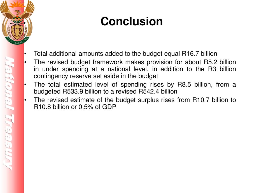Conclusion Total additional amounts added to the budget equal R16.7 billion.