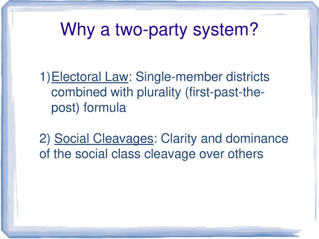 Why a two-party system Electoral Law: Single-member districts combined with plurality (first-past-the-post) formula.