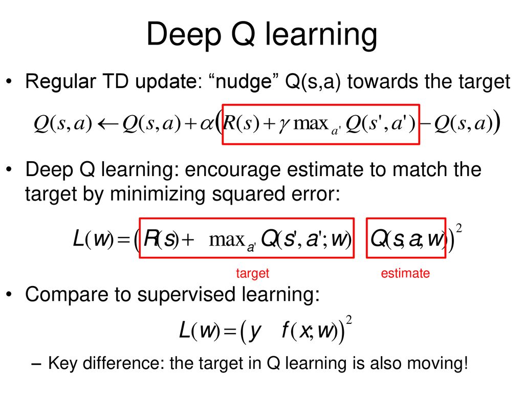 Deep Q learning Regular TD update: nudge Q(s,a) towards the target